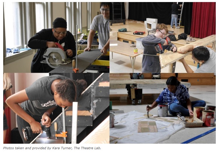 Collage of four photos showing technical theatre workers